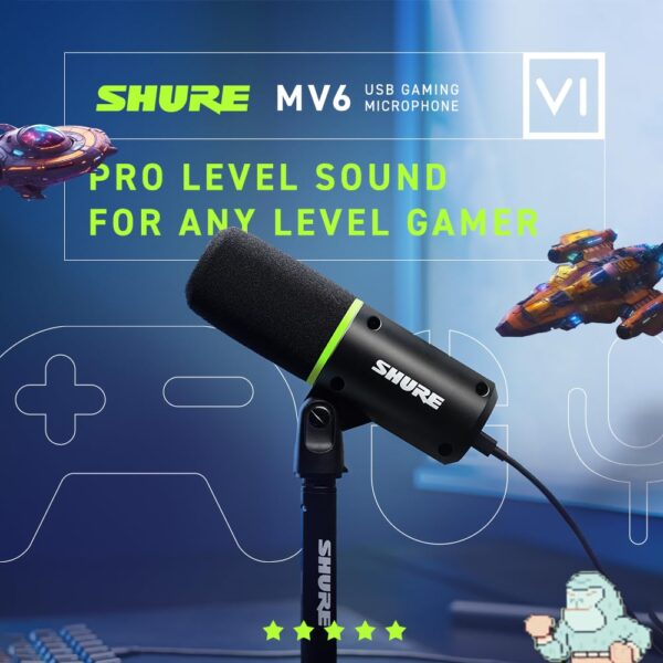 Shure MV6 USB Gaming Microphone, USB-C, Dynamic Microphone, Car Level Mode, Digital Popperstopper, for PC Gamers & Streamers MV6 Microphone, Desk Tripod with Round Foot, 1m...