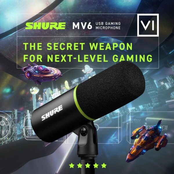 Shure MV6 USB Gaming Microphone, USB-C, Dynamic Microphone, Car Level Mode, Digital Popperstopper, for PC Gamers & Streamers MV6 Microphone, Desk Tripod with Round Foot, 1m...