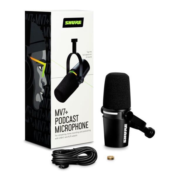 Shure MV7+ Podcast Microphone-Enhanced Audio, LED Touch Panel, USB-C & XLR Outputs, Auto Level Mode, Digital Pop Filter, Reverb Effects, Podcasting, Streaming, Recording - Black