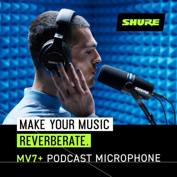 Shure MV7+ Podcast Microphone-Enhanced Audio, LED Touch Panel, USB-C & XLR Outputs, Auto Level Mode, Digital Pop Filter, Reverb Effects, Podcasting, Streaming, Recording - Black