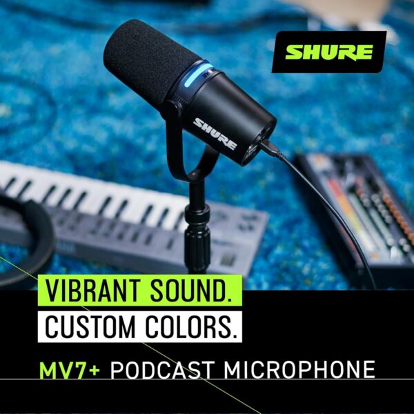 Shure MV7+ Podcast Microphone-Enhanced Audio, LED Touch Panel, USB-C & XLR Outputs, Auto Level Mode, Digital Pop Filter, Reverb Effects, Podcasting, Streaming, Recording - Black