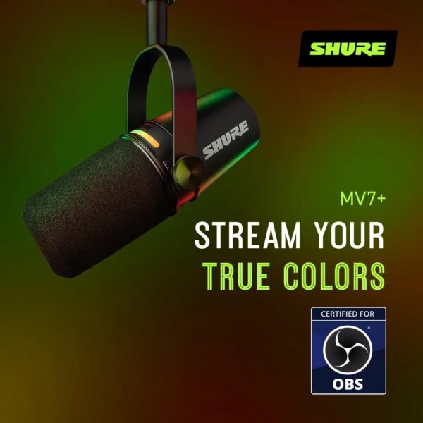 Shure MV7+ Podcast Microphone-Enhanced Audio, LED Touch Panel, USB-C & XLR Outputs, Auto Level Mode, Digital Pop Filter, Reverb Effects, Podcasting, Streaming, Recording - Black