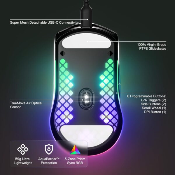 SteelSeries Aerox 3 - Holey RGB Gaming Mouse - Ultralight Waterproof Design - 8,500 DPI TrueMove Core Optical Sensor - Onyx