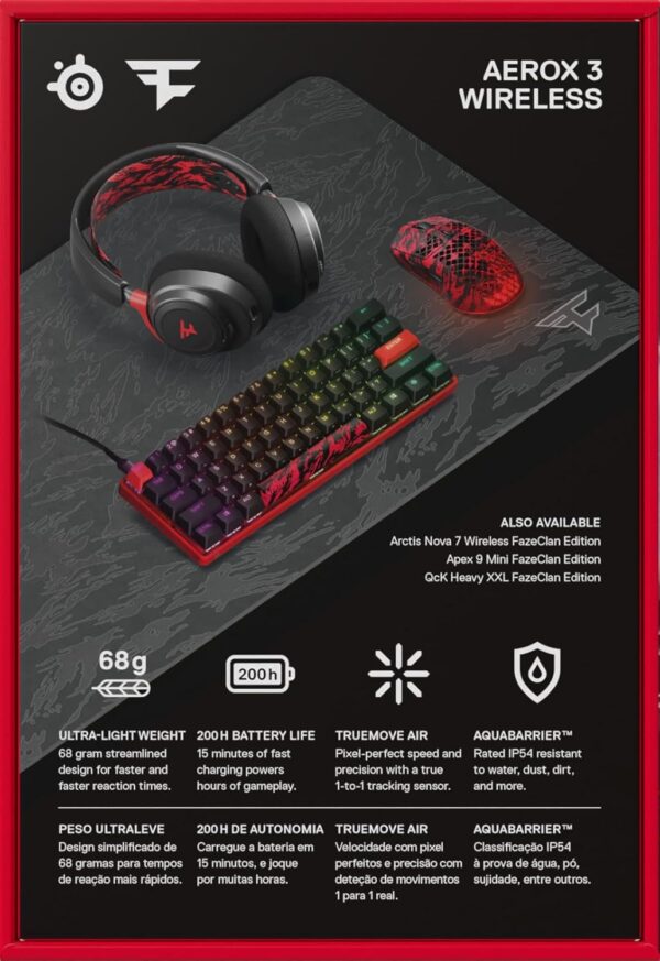 SteelSeries Aerox 3 Wireless - FaZe Clan Edition - Perforated RGB Gaming Mouse - TrueMove Air Optical Sensor with 18K DPI - Water Resistant Ultra Low Weight Design