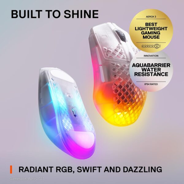 SteelSeries Aerox 3 Wireless - Perforated RGB Gaming Mouse - Ultra-Lightweight Water Resistant Design - 18K DPI TrueMove Air Optical Sensor - Ghost