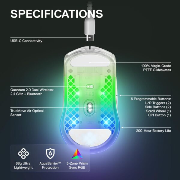 SteelSeries Aerox 3 Wireless - Perforated RGB Gaming Mouse - Ultra-Lightweight Water Resistant Design - 18K DPI TrueMove Air Optical Sensor - Ghost