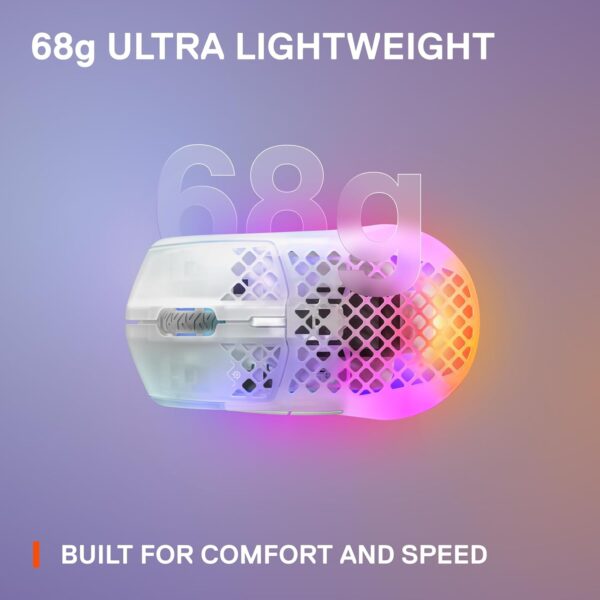 SteelSeries Aerox 3 Wireless - Perforated RGB Gaming Mouse - Ultra-Lightweight Water Resistant Design - 18K DPI TrueMove Air Optical Sensor - Ghost