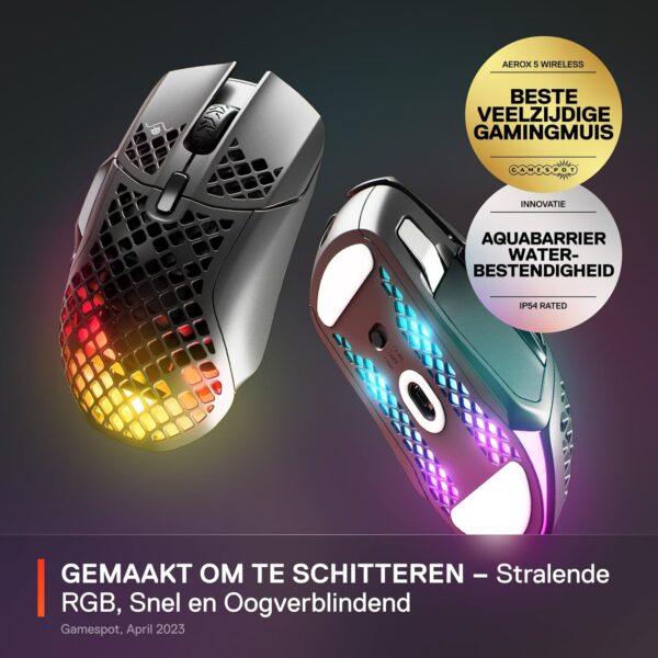 SteelSeries Aerox 5 Wireless - Holey RGB Gaming Mouse - Ultra-Lightweight Water Resistant Design - 9 Buttons - Bluetooth/2.4GHz - 18K DPI TrueMove Air Optical Sensor