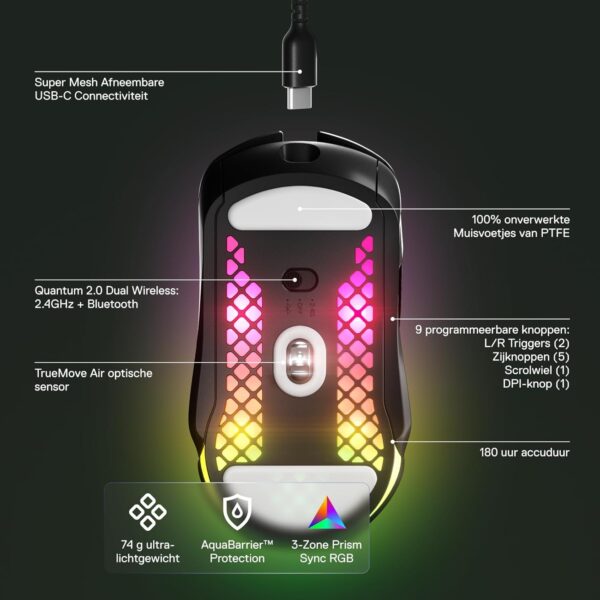 SteelSeries Aerox 5 Wireless - Holey RGB Gaming Mouse - Ultra-Lightweight Water Resistant Design - 9 Buttons - Bluetooth/2.4GHz - 18K DPI TrueMove Air Optical Sensor