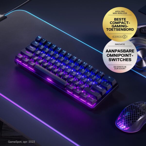 SteelSeries Apex Pro Mini Wireless HyperMagnetic Gaming Keyboard – World's Fastest Keyboard – Compact 60% Design – RGB – PBT Keycaps – Bluetooth – 2.4GHz – USB-C – French AZERTY...