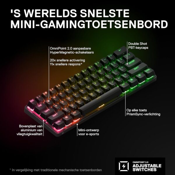 SteelSeries Apex Pro Mini Wireless HyperMagnetic Gaming Keyboard – World's Fastest Keyboard – Compact 60% Design – RGB – PBT Keycaps – Bluetooth – 2.4GHz – USB-C – French AZERTY...