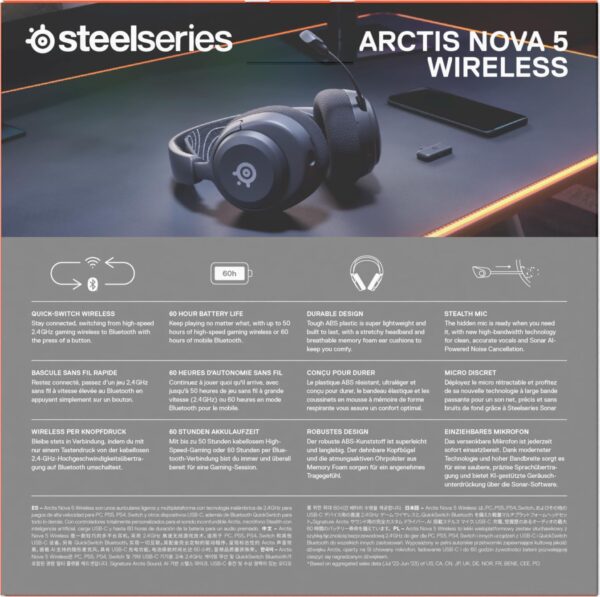 SteelSeries Arctis Nova 5 Wireless Gaming Headset for Multiple Systems- Neodymium Magnet Drivers- 100+ Audio Presets- 60 Hours Battery Life- 2.4GHz or Bluetooth ClearCast...